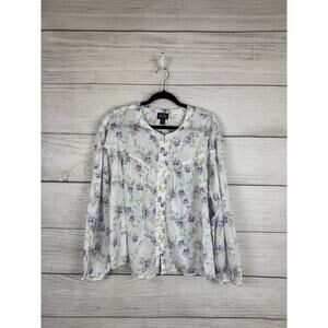 Scoop NYC White Sheer Floral Button-Down Blouse with Lavender and Green